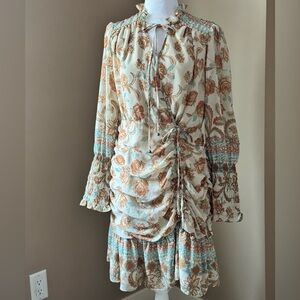 NWT Dress Forum Cream Floral Long-Sleeve Boho Dress with Aqua Trim